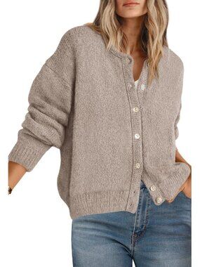 Women's Khaki Polyester Blend Long Sleeve Crewneck Button Down Fall Cardigan